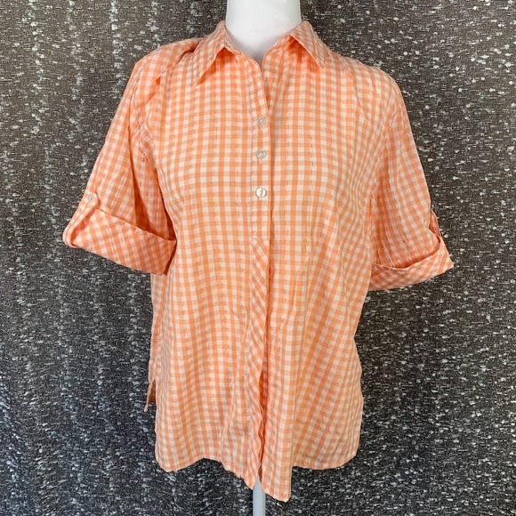 Alia Tops - Vintage Alia Plaid Peach Button Up Collared Shirt Women's 10